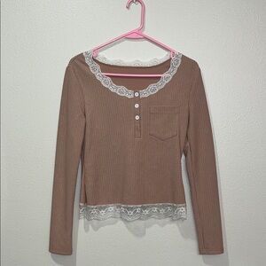Light Beige Long Sleeve Top with White Lace Trim